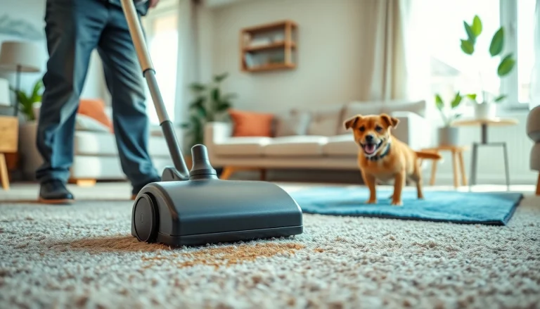 Visualize pet odor carpet cleaning in a cozy living room with a focused technician.
