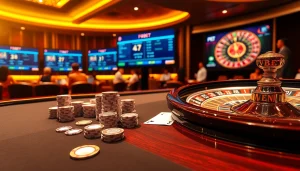 F8BET casino experience showcasing thrilling poker tables and vibrant betting atmosphere.