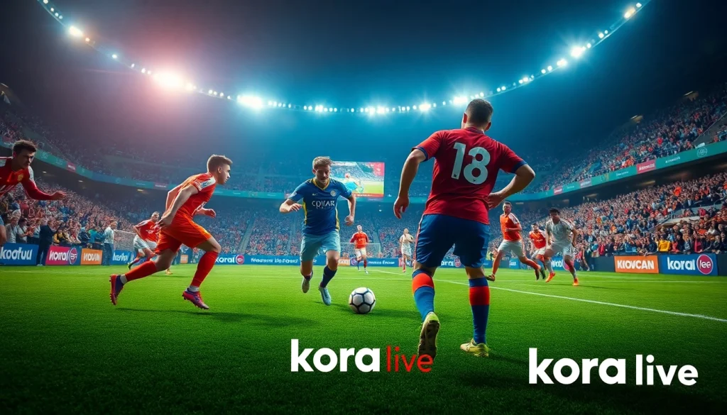 مباراة كرة قدم مباشرة على Kora Live مع اللاعبين، لوحة النتائج والجمهور يهتف