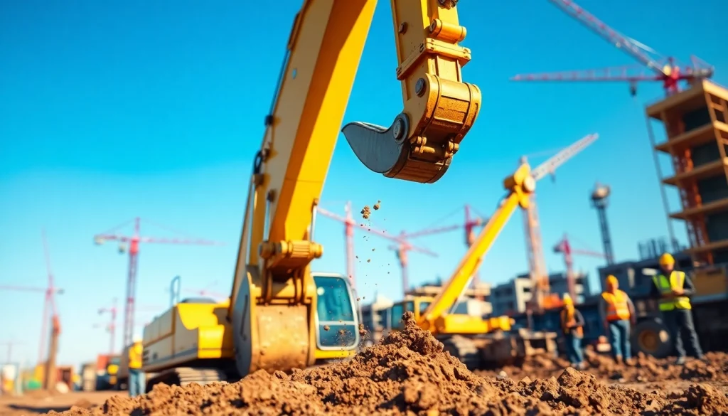 Rent excavators showcased on a busy construction site, highlighting professionalism and energy.