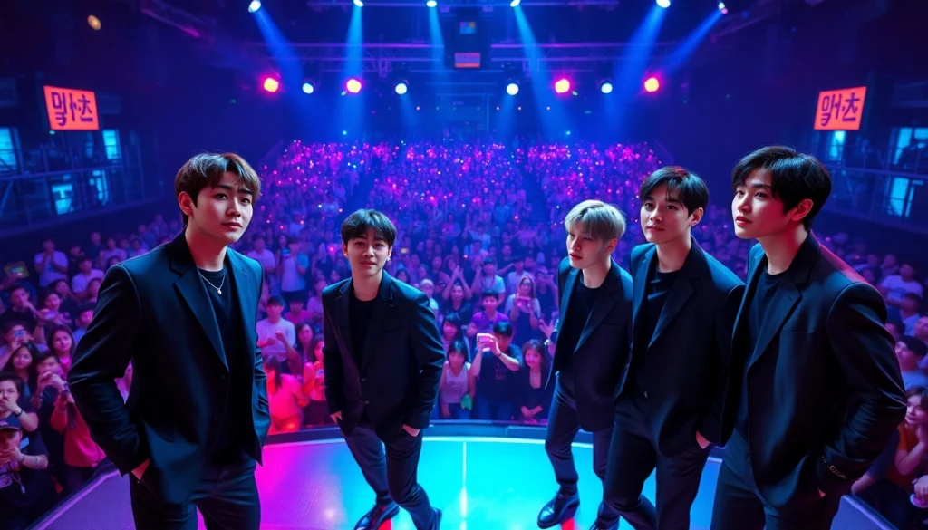 BTS members performing energetically during a vibrant concert, engaging the audience.