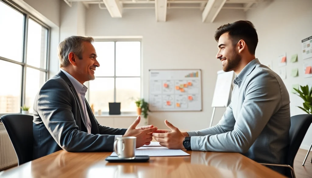 Engagement between a business coach near me and a client in a motivational office setting.