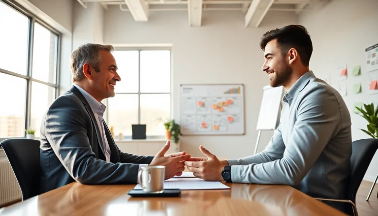 Engagement between a business coach near me and a client in a motivational office setting.