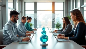 在专业办公室场景中展示 QuickQ 的无缝连接，强调全球网络访问能力。