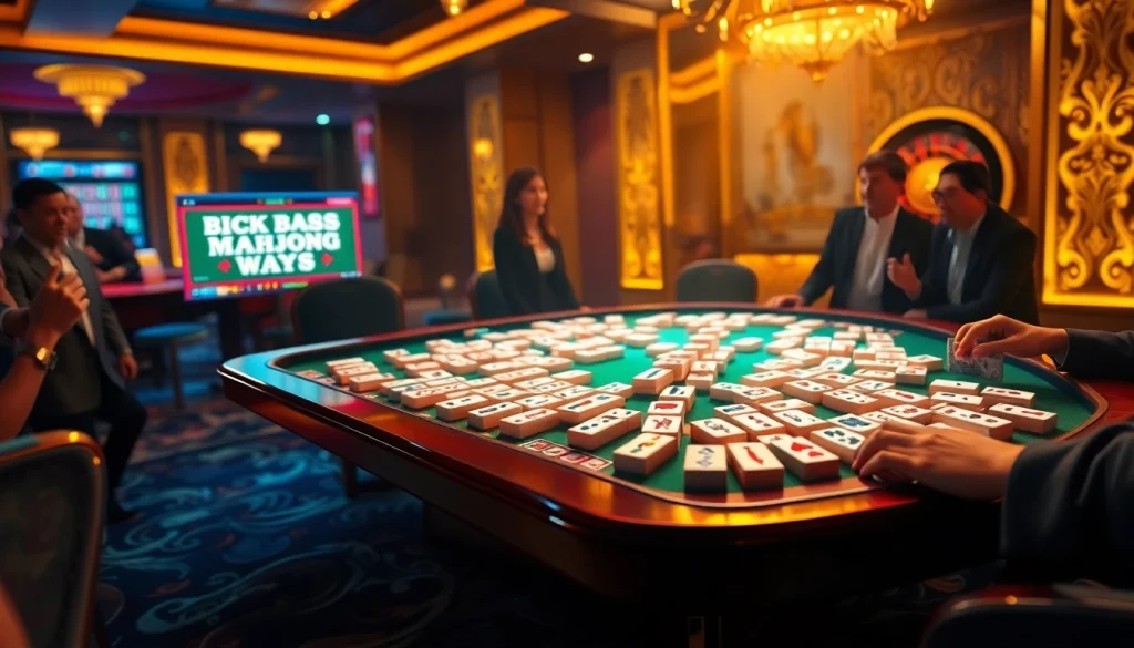 Rasakan Mahjong Ways 2 dalam suasana kasino yang hidup dengan pemain dan ubin berwarna-warni.