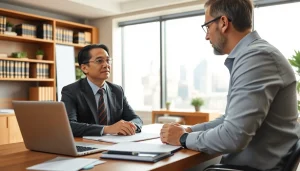 real estate lawyer consulting with clients in a professional office setting, showcasing expertise and reliability