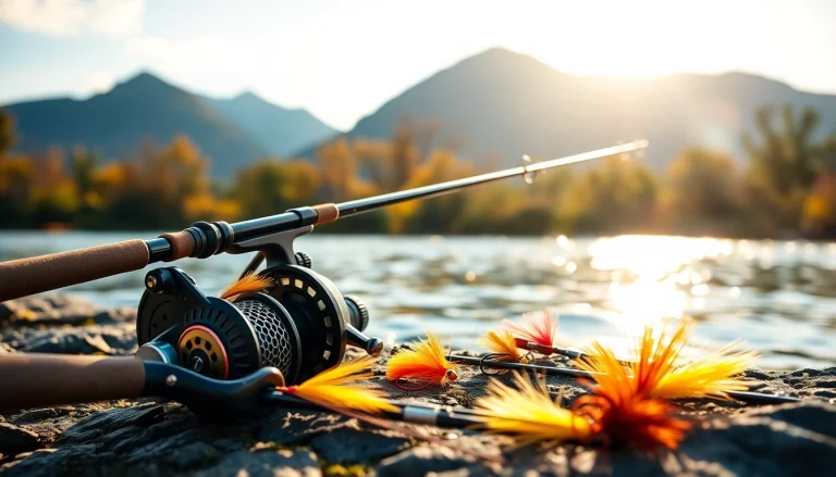 Engaging fly fishing kit set up by a river, showcasing colorful lures and rods.