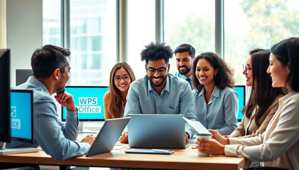 现代办公环境中的协作，展示多屏幕上的 WPS下载功能。