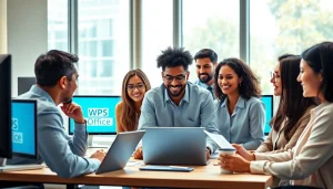 现代办公环境中的协作，展示多屏幕上的 WPS下载功能。