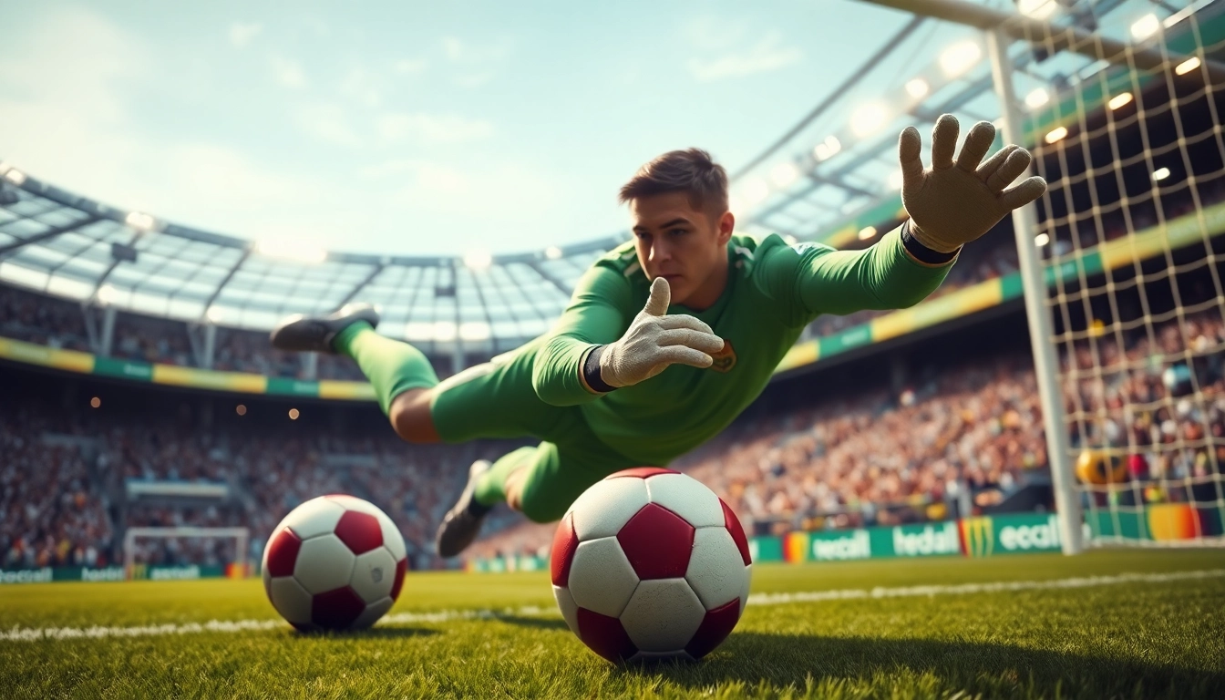 The goalkeeper in a dynamic save during a match, highlighting the thrill of ผลบอลสด888 events.