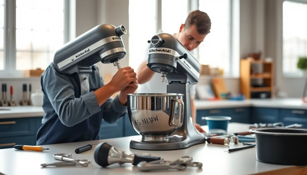 Expert performing KitchenAid appliance repair ottawa in a bright workshop environment.