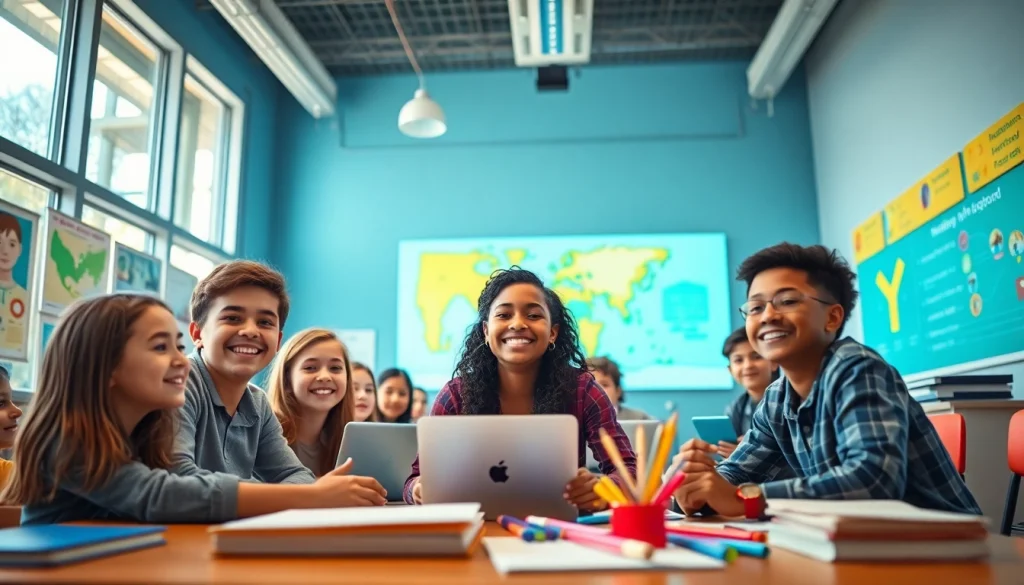 Empowering education scene with diverse students collaborating in a modern classroom.