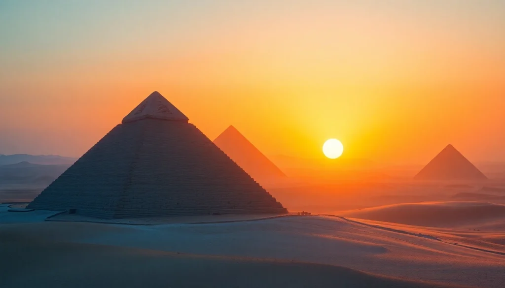 Visual representation of piraminds under a stunning sunset over the Giza plateau.