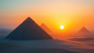 Visual representation of piraminds under a stunning sunset over the Giza plateau.