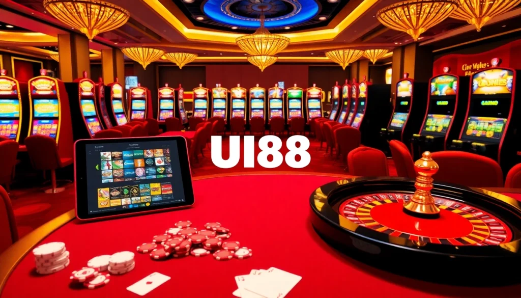 UU88 offers an exciting casino environment with vibrant tables, slot machines, and poker chips.