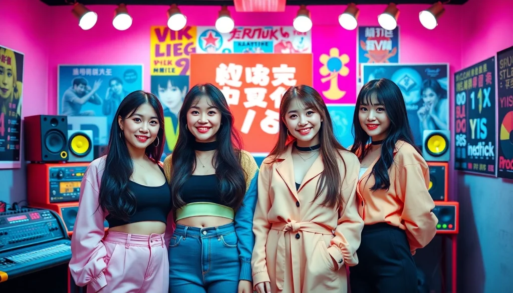 Dynamic group shot of blackpink members in a music studio, showcasing their style and energy.