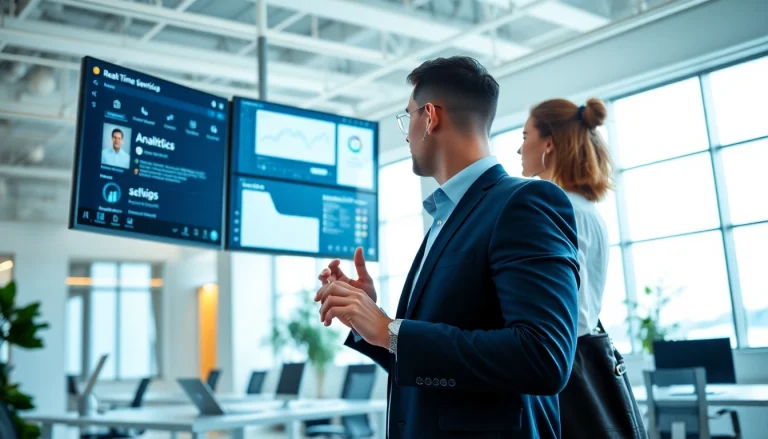 在现代办公室使用高科技平台的美洽客服代表。