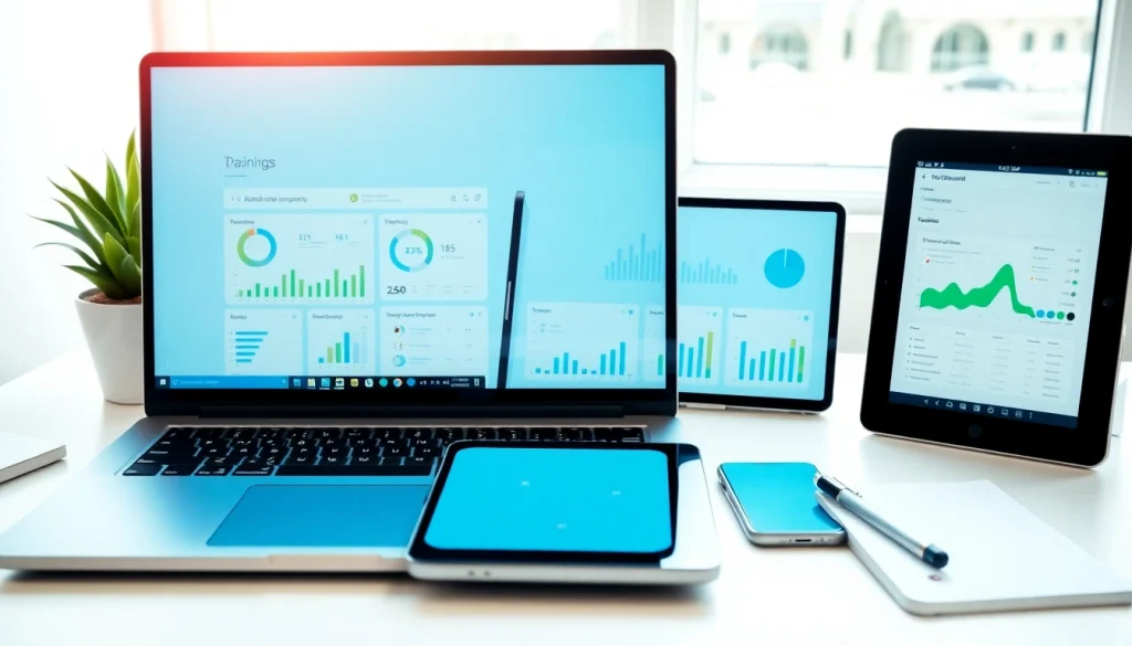 Engaging SaaS interface on devices showcasing a modern dashboard in a professional setting.
