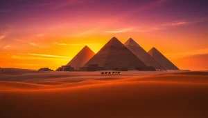 Explore piraminds majestic skyline at sunset, capturing ancient architectural wonders.