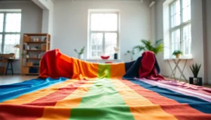 Bekijk hoogwaardige jersey stoffen in een creatief atelier met levendige kleuren en diverse texturen.