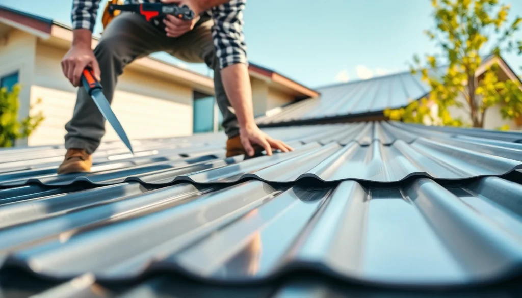 Metal roofing companies expertly install a modern roof on a home with a skilled professional.