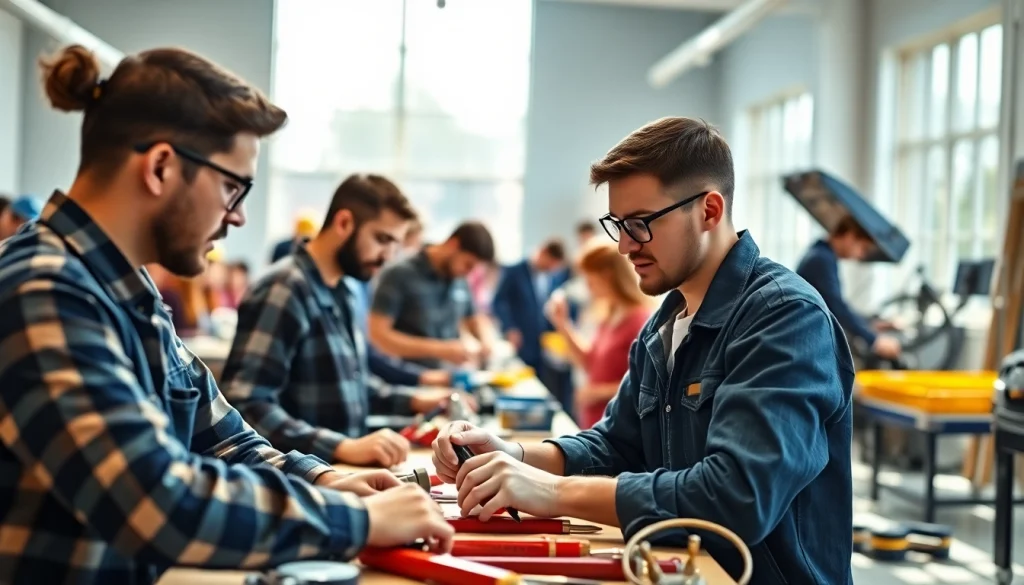 Students mastering skills at an abc trade school through hands-on training in a bright classroom.