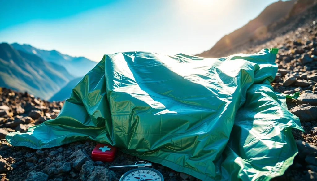 Using an emergency blanket in a survival scene with mountains and essential gear.