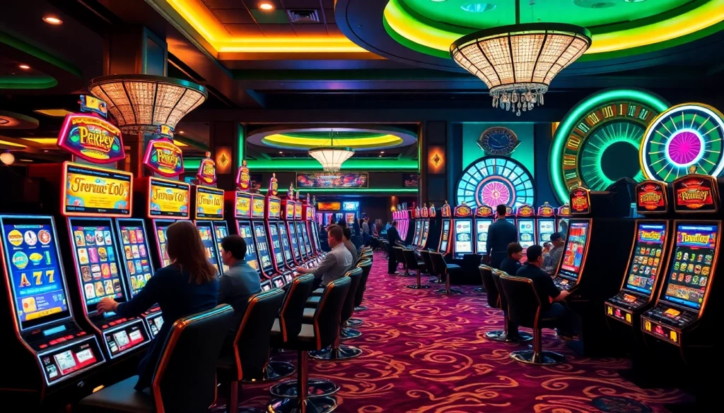 Pemain yang antusias berinteraksi dengan mesin Slot Depo 5k dalam suasana kasino yang hidup.