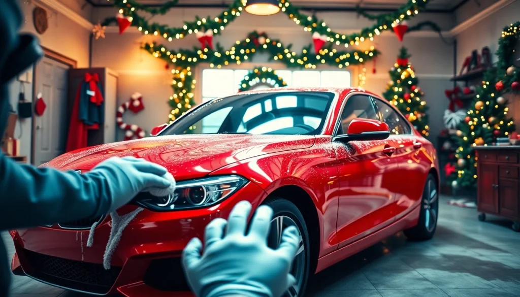 "Christmas car detailing gift showcased with holiday decorations and sparkling clean car."