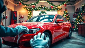 "Christmas car detailing gift showcased with holiday decorations and sparkling clean car."