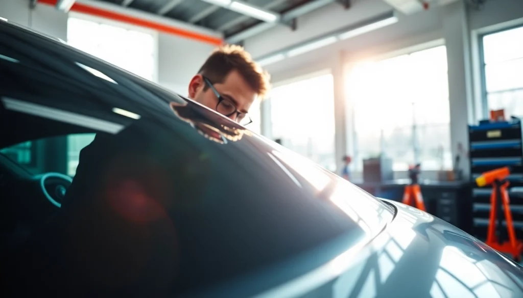 Applying auto window tint near me with a professional technician in a bright workshop setting.