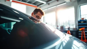 Applying auto window tint near me with a professional technician in a bright workshop setting.
