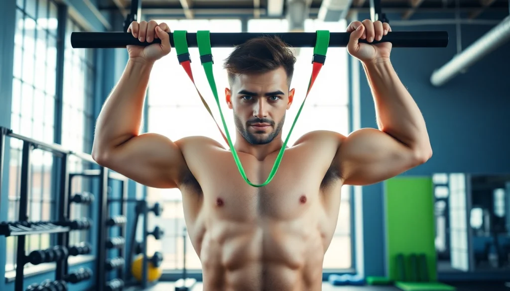 Fit individual using pull-up assist bands in a bright gym environment, showcasing strength and determination.