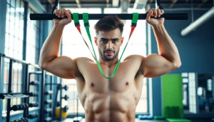 Fit individual using pull-up assist bands in a bright gym environment, showcasing strength and determination.