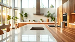 Explore Kitchen Worktops Prices with a variety of materials showcased in an elegant kitchen setting.