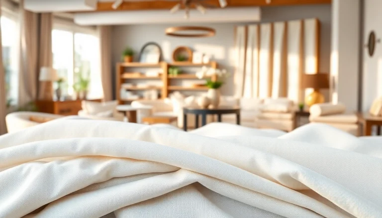 Bekijk hoogwaardige linnen stoffen in een stijlvolle showroom met diverse texturen en kleuren.