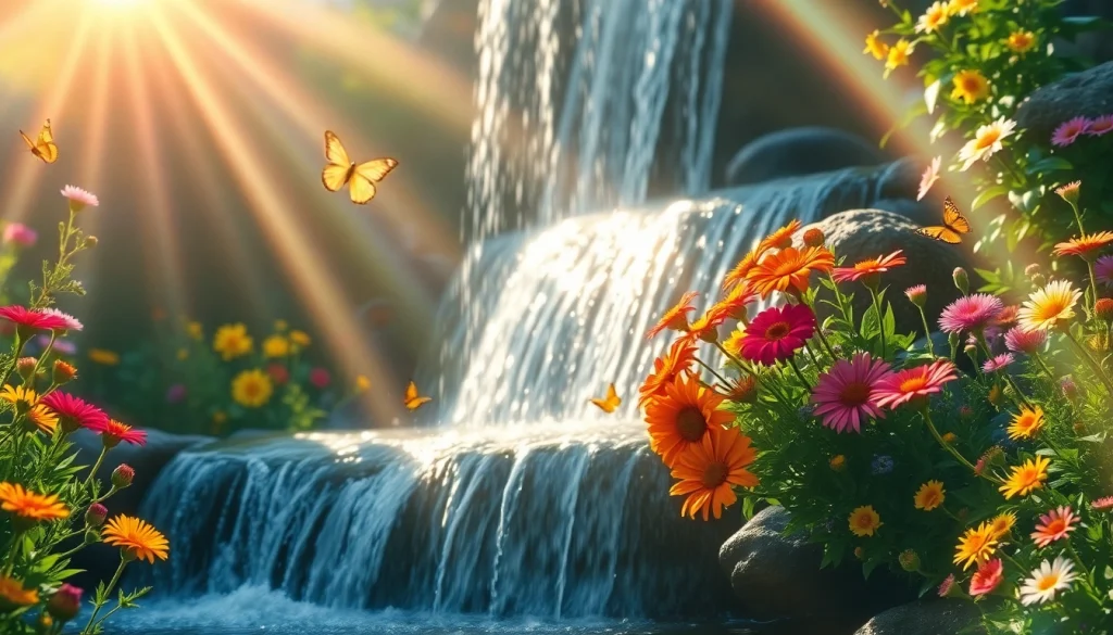 Enjoy a refreshing sunny shower in a vibrant, flower-filled garden.