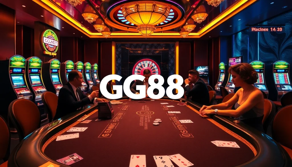 Players eagerly participating in a poker game at GG88's luxurious casino.