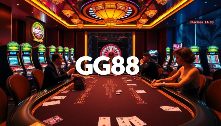 Players eagerly participating in a poker game at GG88's luxurious casino.