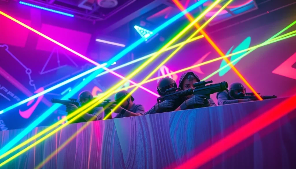 Players immersed in a thrilling Laser tag match with colorful lights creating an energetic atmosphere.