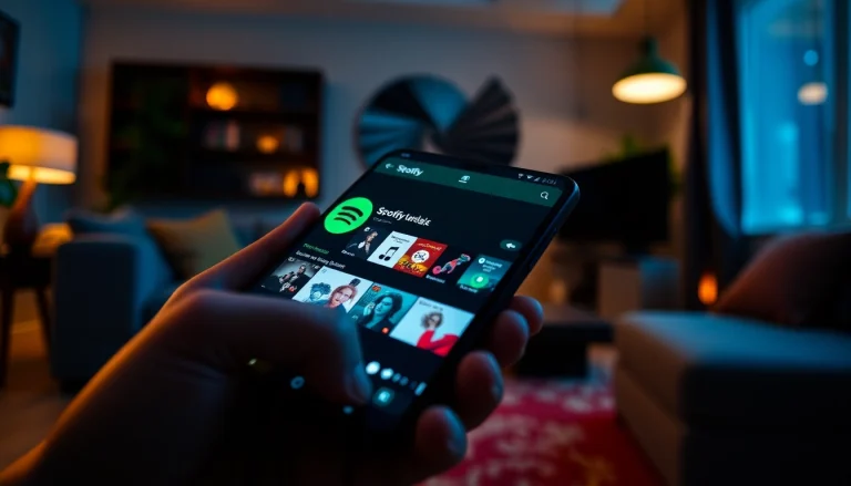 Experience the Spotify mod apk interface on a smartphone in a cozy living room, showcasing vibrant music features.