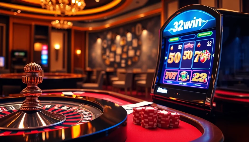 32win online casino gaming with vibrant roulette wheel, poker chips, and thrilling slot machines