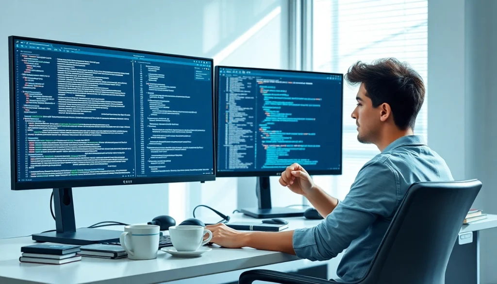 Web scrapping in action: developer using dual monitors to track Amazon prices.
