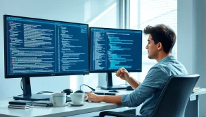 Web scrapping in action: developer using dual monitors to track Amazon prices.