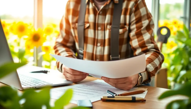 Agriculture law documents being reviewed by a farmer in a professional office.