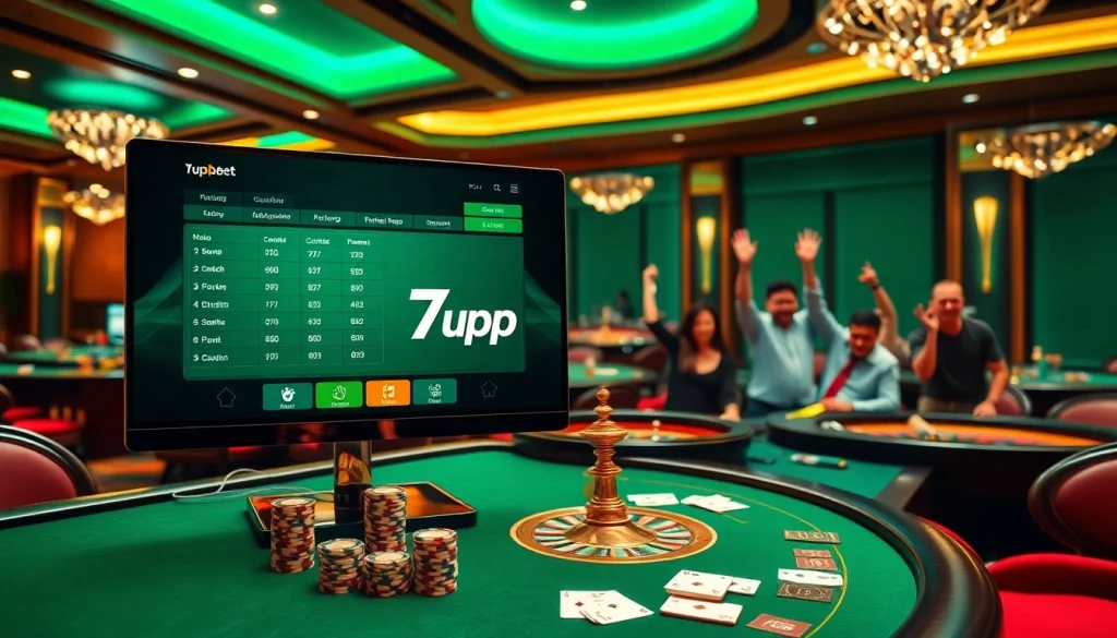 Engaged gamblers celebrating a win at a 7upbet online betting table with poker chips and cards.