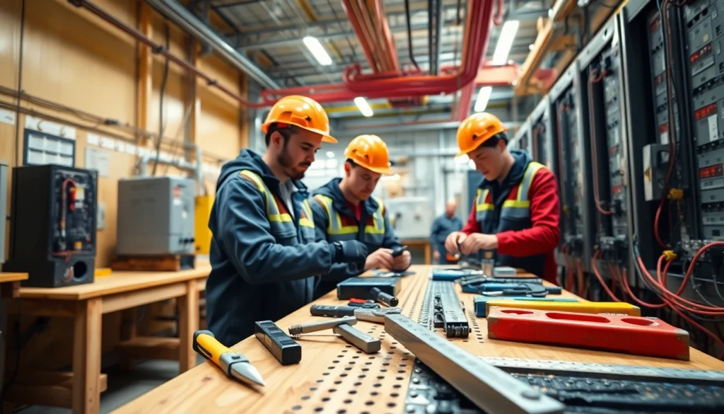 Electrician apprenticeship Hawaii training session with apprentices collaborating on electrical circuits.