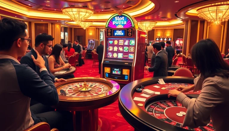 Experience the thrill of slot pulsa with players celebrating wins at a luxurious casino.