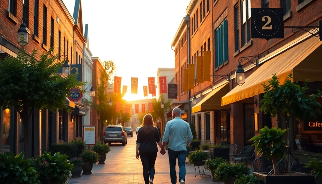 Clarksburg downtown scene at sunset highlighting bustling cafes and charming shops.