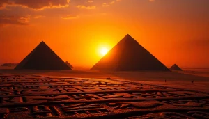 Discover the majestic piraminds under a stunning golden sunset, showcasing ancient architecture.